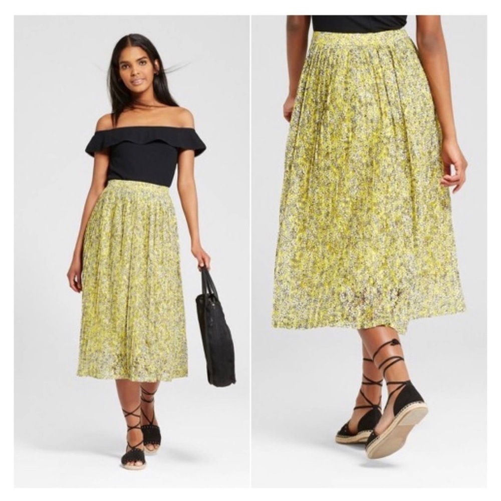 WHO WHAT WEAR Yellow Floral Eyelet MIDI Pleated Skirt sz 20w